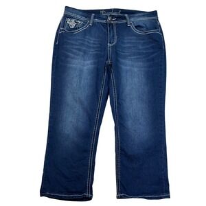 ND Weekend Womens Dark Wash Fleur De Lis Embellished Capri Jeans Blue Size 14